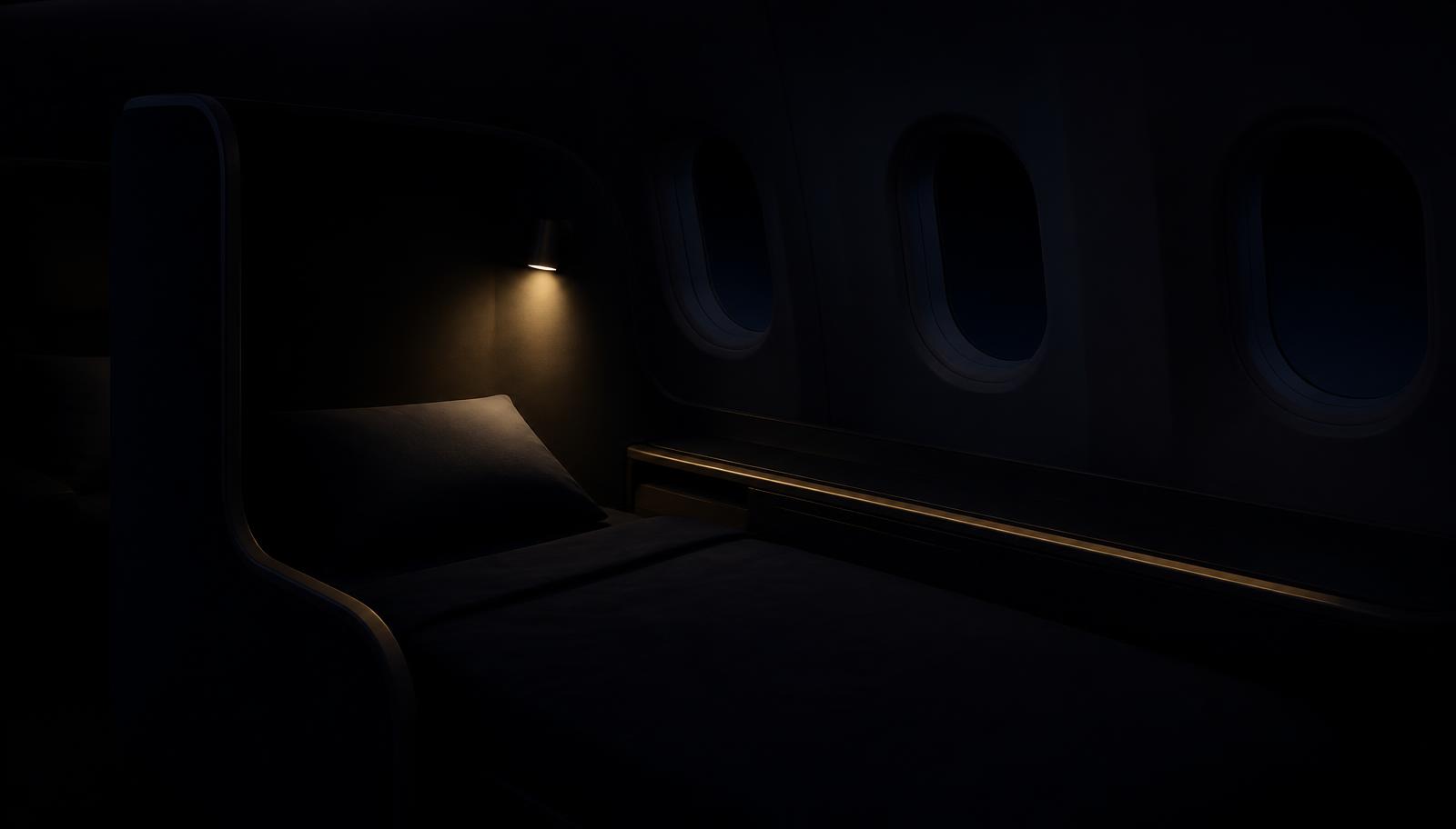 Premium flat-bed cabin at night